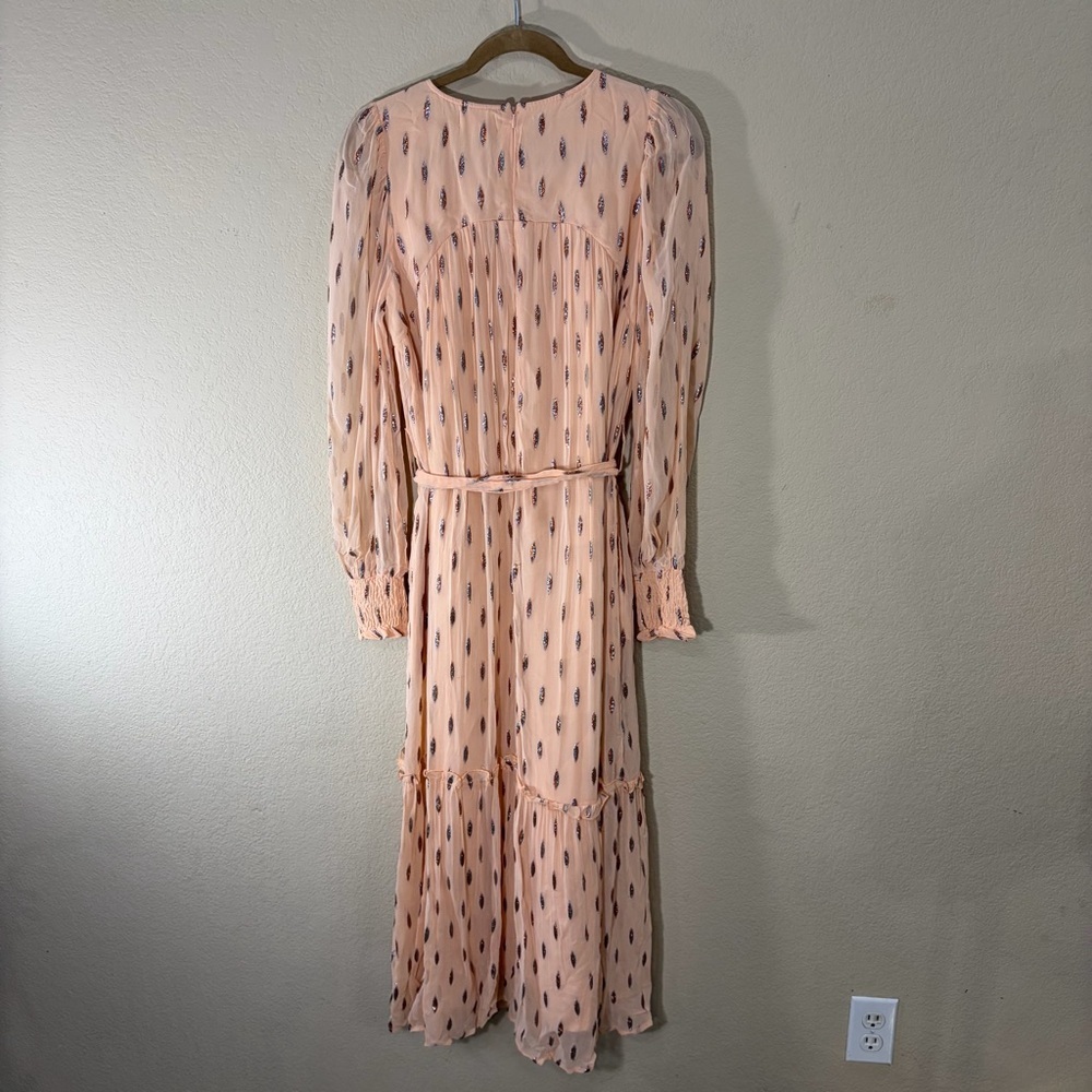 CIEBON Eryn Blush Metallic Print Tie Waist Long Sleeve Maxi Dress Sz S Cottage - Picture 8 of 12
